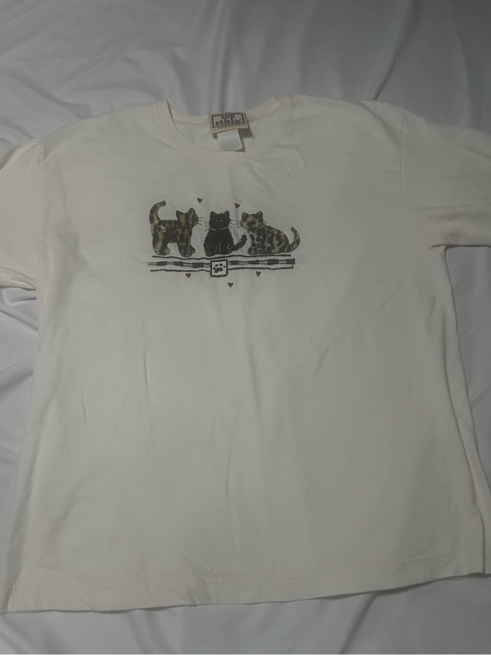 Vintage Cat Tshirt Top Stitch By Morning Sun M/L Fuzzy Cats Ivory 90s